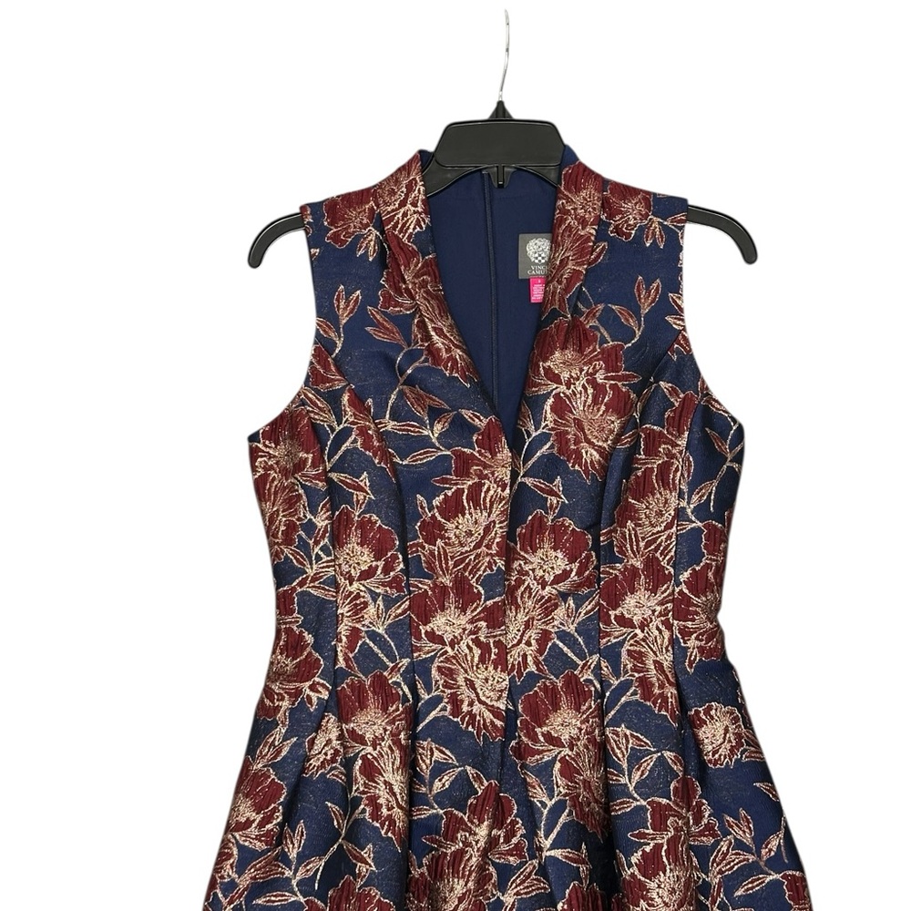 Vince Camuto Navy and Burgundy Floral Jacquard Fit-and-Flare Dress. Sz: 6 - Picture 6 of 9